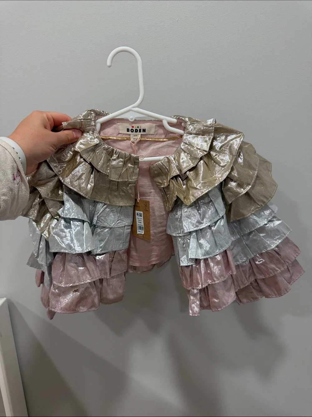 Mini Boden Metallic Ruffle Bolero Jacket in Pink, Silver & Gold Tones